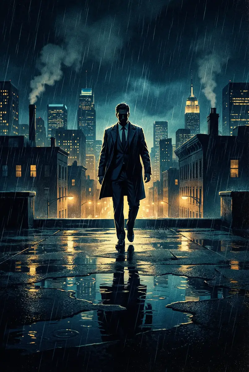 钻石富豪来相亲 出品影片《雨夜独行者》海报，雨中城市屋顶男性剪影